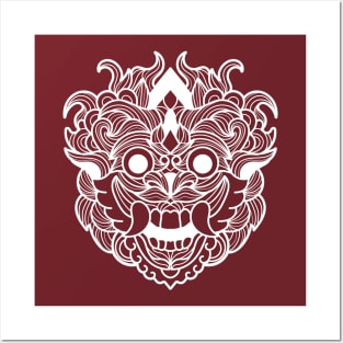 Fiery on Fire Barong Scary Fangs Mandala Black and White Brave Warrior Posters and Art